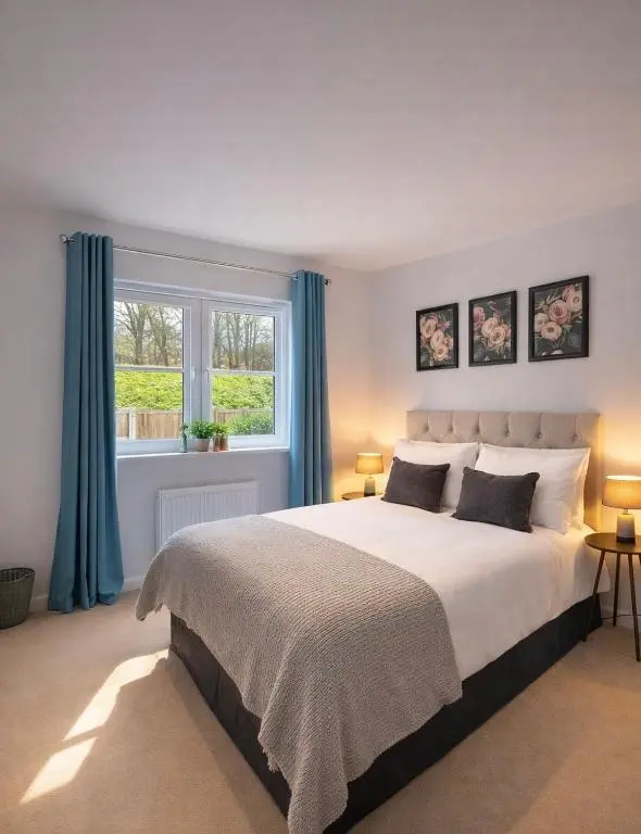 a bedroom with a large bed with blue curtains at Lily Bank House in Inverness