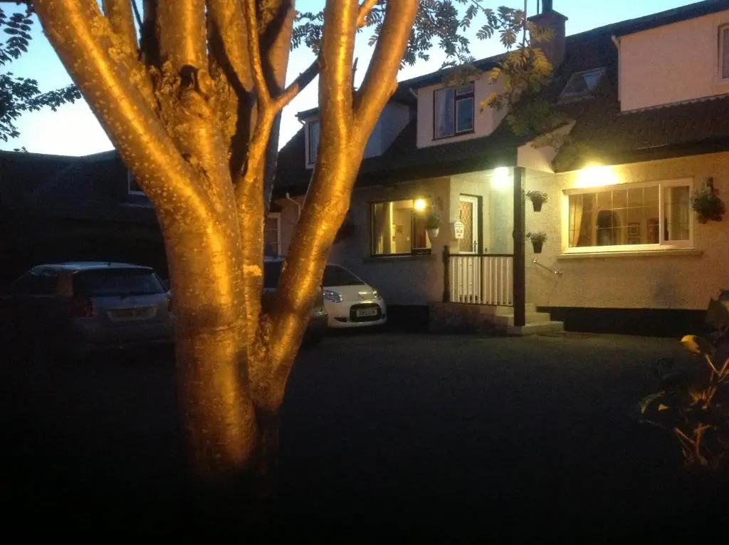 a tree in front of a house at night at Dunroamin Bed and Breakfast in Aviemore