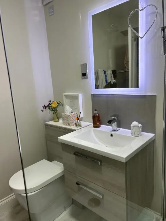 a bathroom with a sink and a toilet and a mirror at The Maples 26 Wellingtonia Court in Inverness