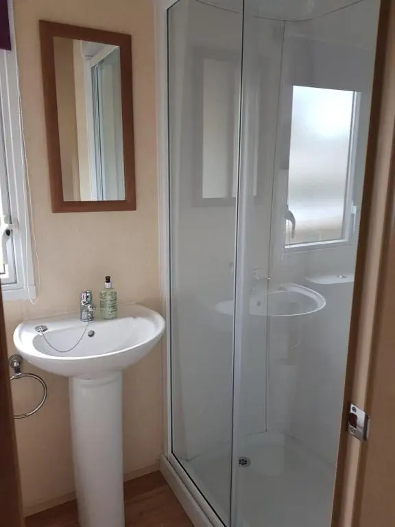 a bathroom with a sink and a shower at No42 Wild Goose in Dornoch