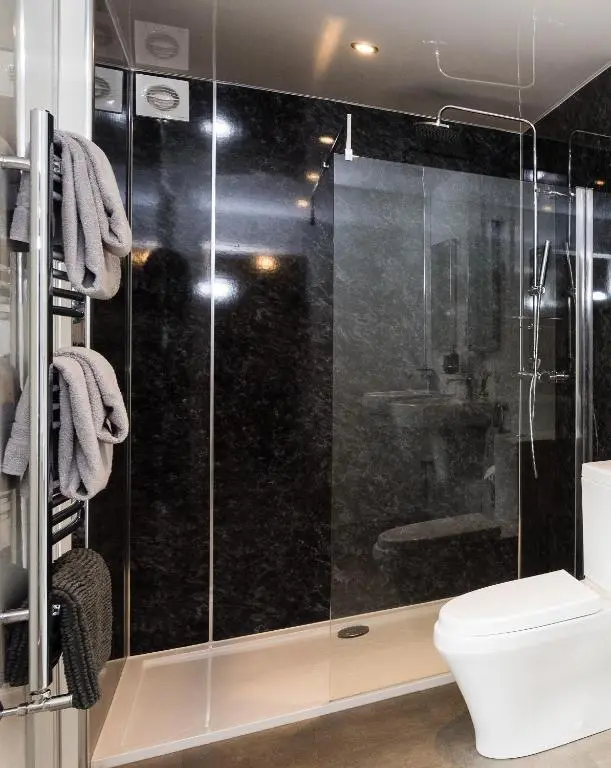 a bathroom with a shower and a toilet at Smithy Cottage in Kirkmichael