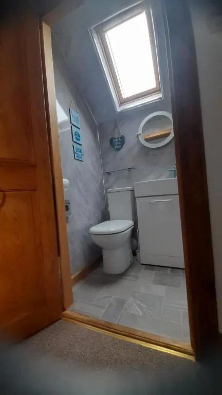 a small bathroom with a toilet and a window at Lycia Rooms + in Inverness