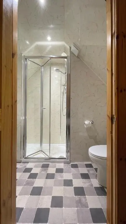 a bathroom with a shower and a toilet at Kerrowdown Cottage-Self Catering for 4 in the Highlands in Drumnadrochit