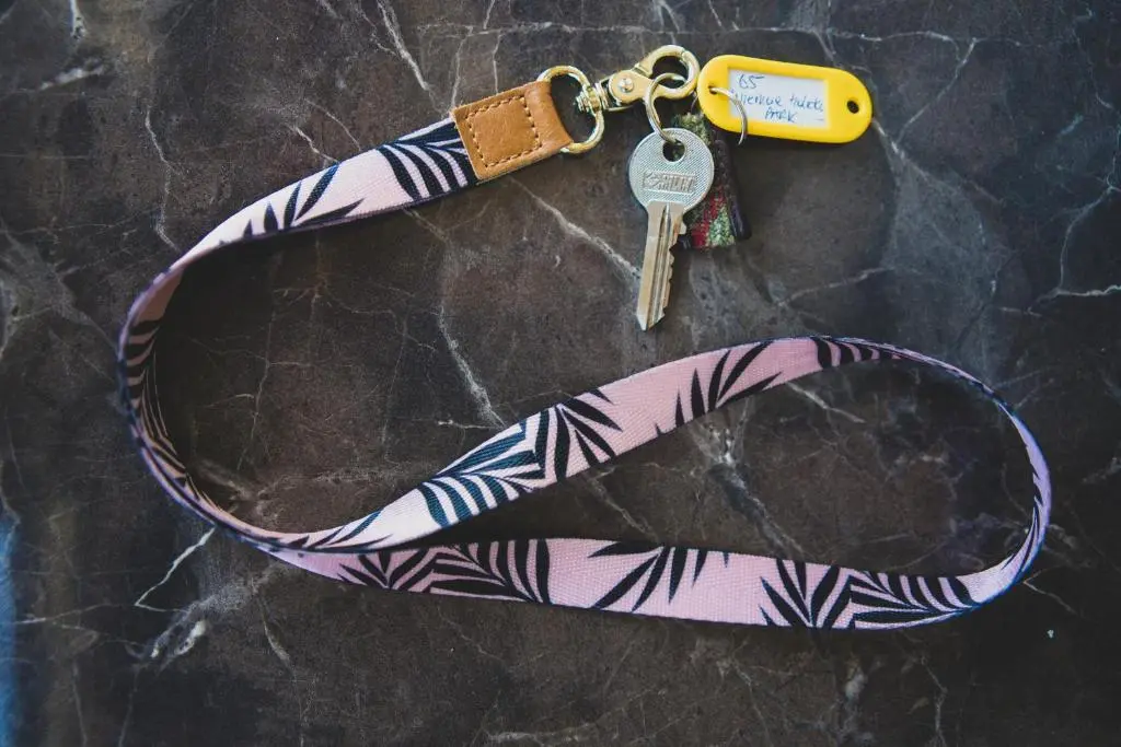 a pink and white dog leash with a pair of keys at Ruapehu Lodge in Aviemore