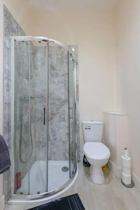 a bathroom with a shower and a toilet at CASTLEBANK HOUSE FLATS, DINGWALL in Dingwall