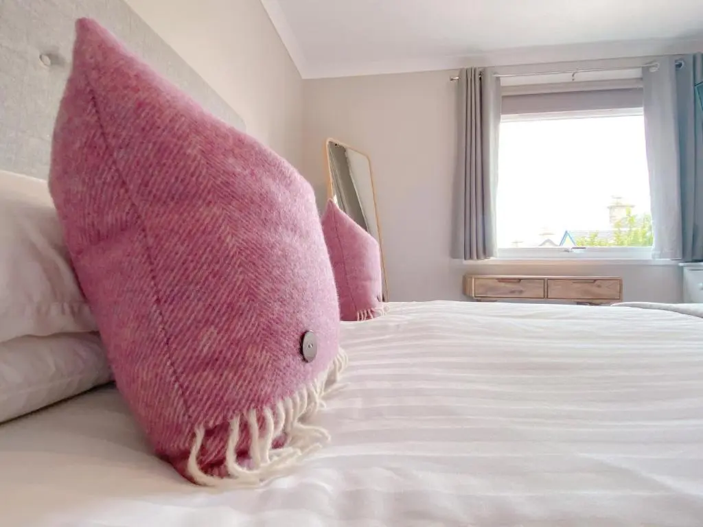 a bedroom with a pink shark pillow on a bed at Cairngorm Guest House in Aviemore