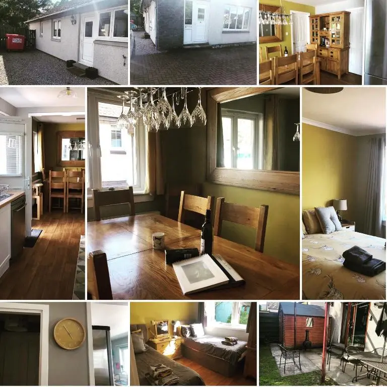 a collage of photos of a living room and dining room at Linmore in Aviemore