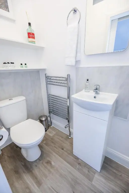 a bathroom with a white toilet and a sink at Aye Stay in Inverness