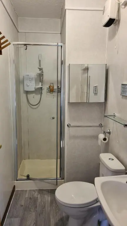 a bathroom with a shower and a toilet and a sink at Skye Cottage, Meadowside House, near Kingussie in Kingussie