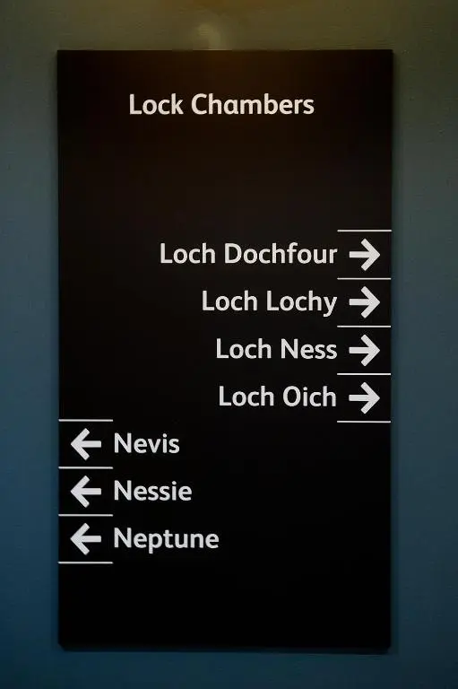 a screenshot of a sign with arrows on a wall at Lock Chambers, Caledonian Canal Centre in Fort Augustus