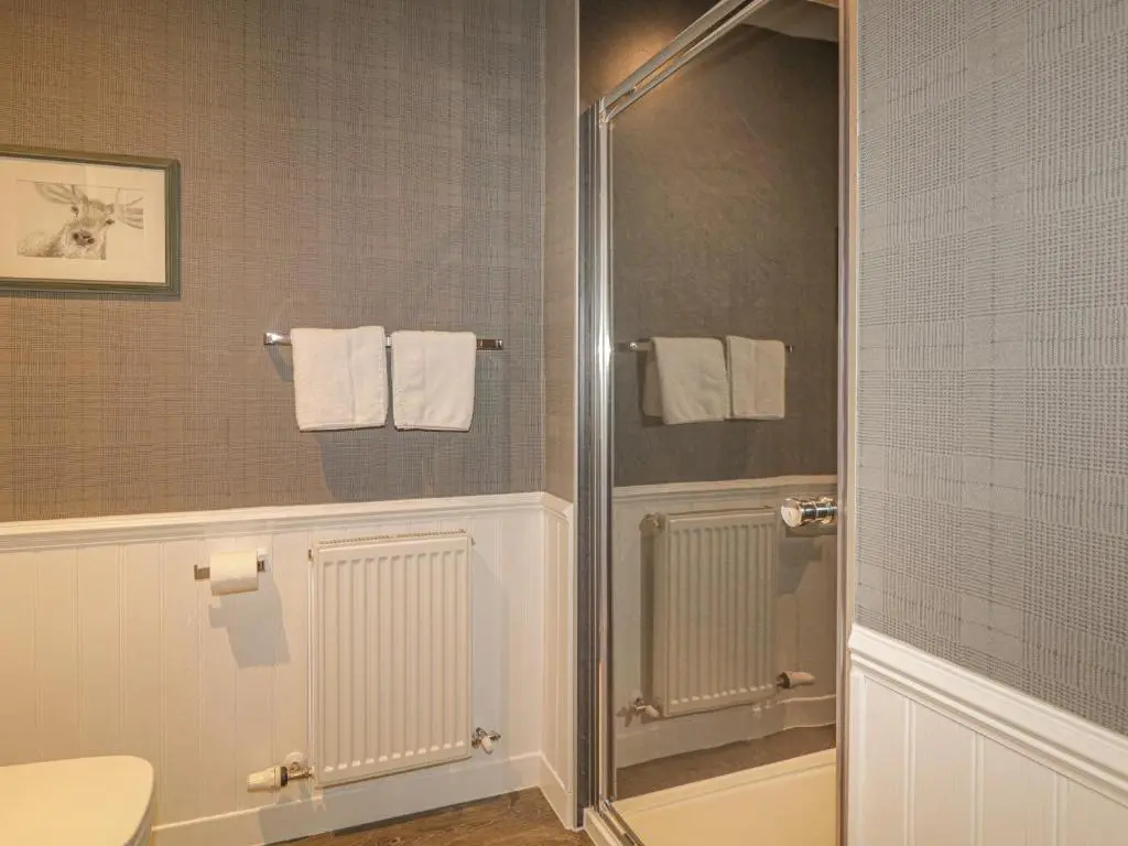 a bathroom with a shower and a toilet and towels at Number 11 in Beauly