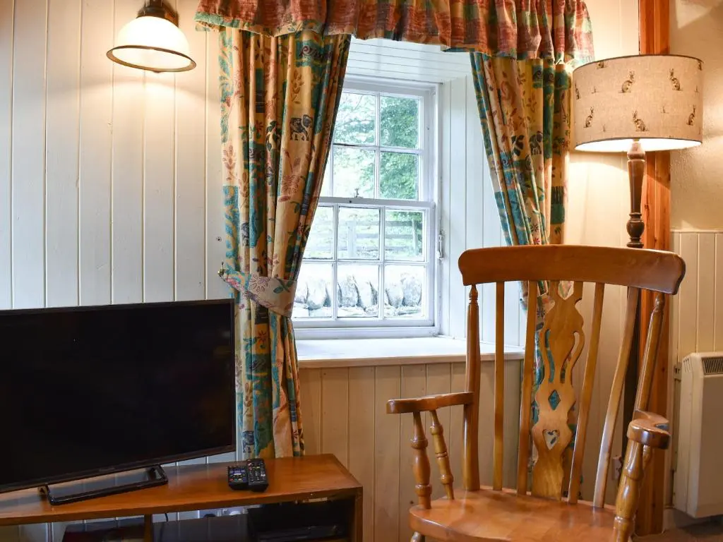 a television and a chair in front of a window at Burnmouth in Balnaboth