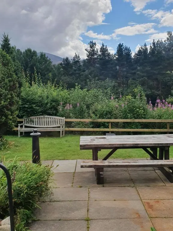 a picnic table and a bench in a garden at Cairngorm Lodge Youth Hostel in Loch Morlich