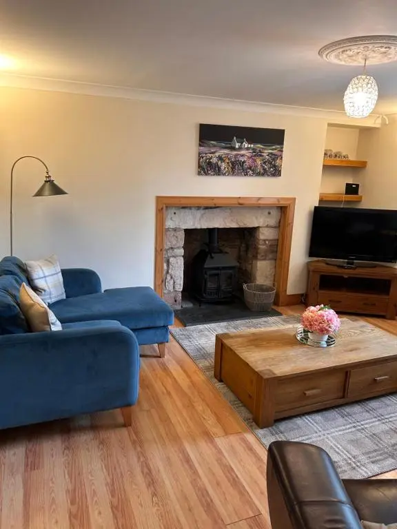 a living room with a blue couch and a fireplace at Telford Road Apartment in Inverness