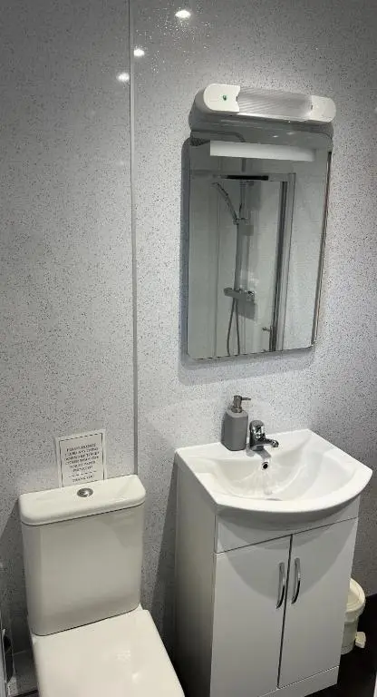 a bathroom with a toilet and a sink and a mirror at The 1645 Inn in Nairn