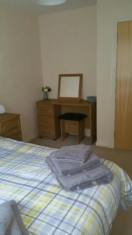 a bedroom with a bed and a dresser and a mirror at Lerwick Garden Apartment in Inverness