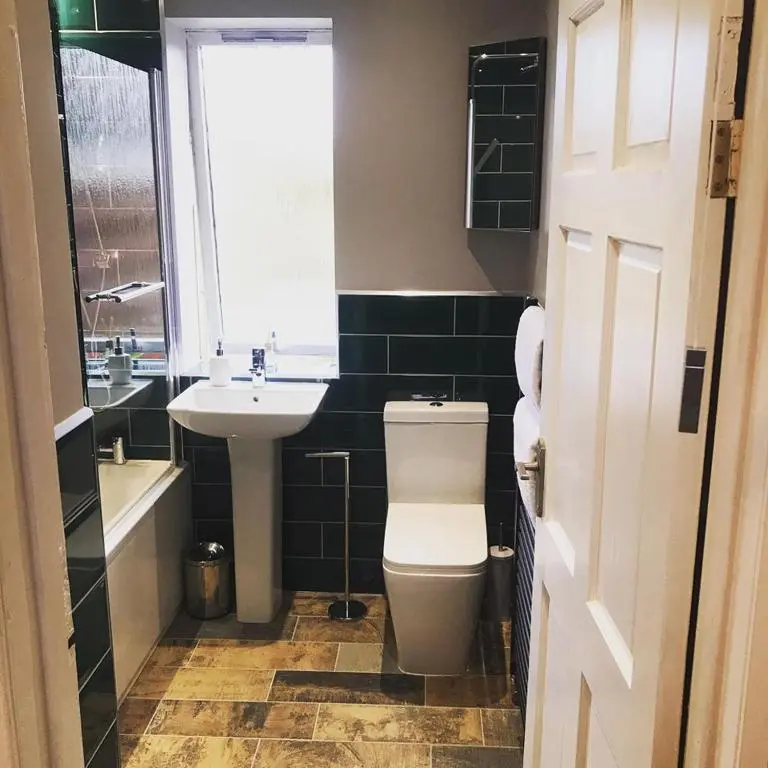 a bathroom with a toilet and a sink and a window at The Dookit - Aviemore Town House in Aviemore