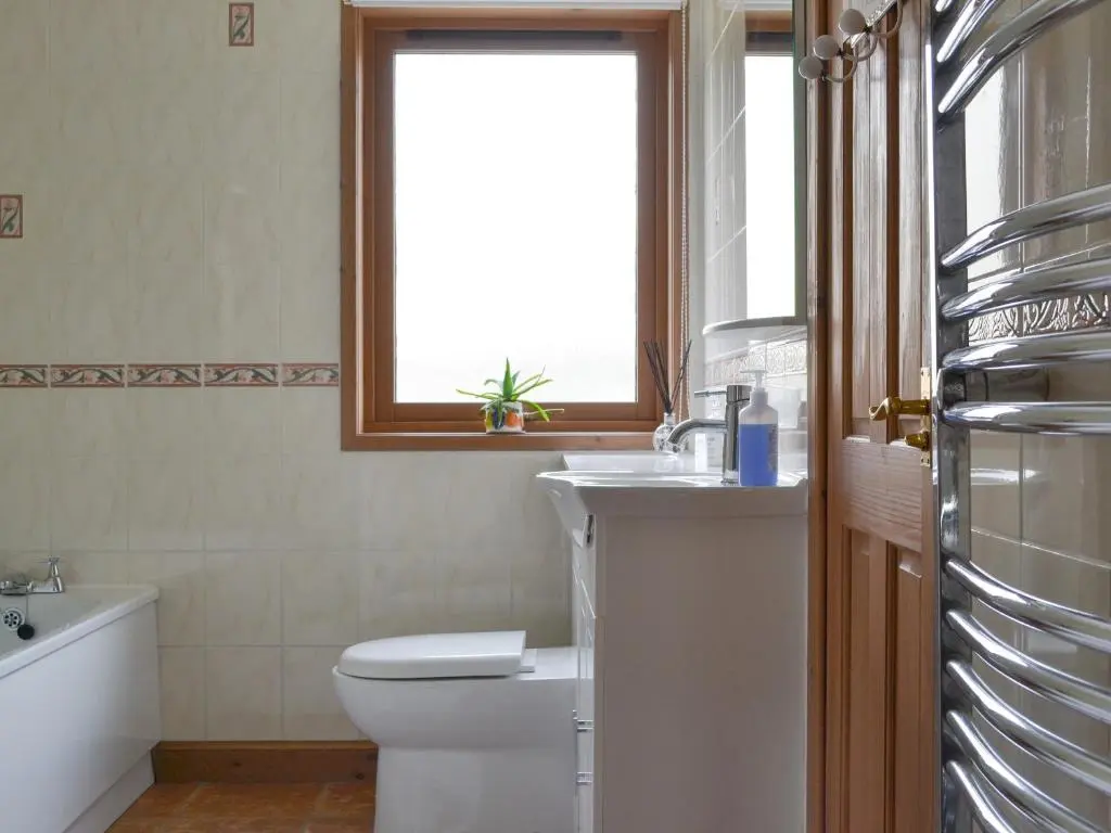 a bathroom with a toilet and a sink and a window at Rowan Cottage in Aviemore