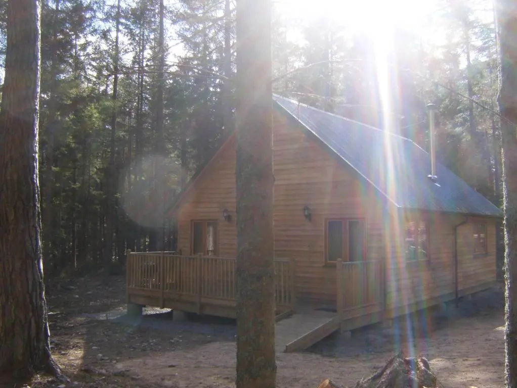a log cabin in the woods with the sun shining at Cairngorm Lodges in Aboyne