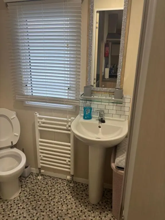 a bathroom with a sink and a toilet at Paul\u2019s place silversands in Lossiemouth