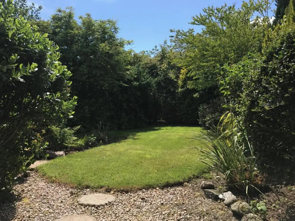 a garden with a lawn and some trees at Unique Garden Centre Country Cottage in Fraserburgh