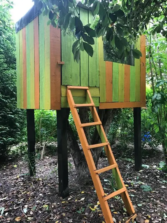 a tree house with a ladder next to it at Unique Garden Centre Country Cottage in Fraserburgh