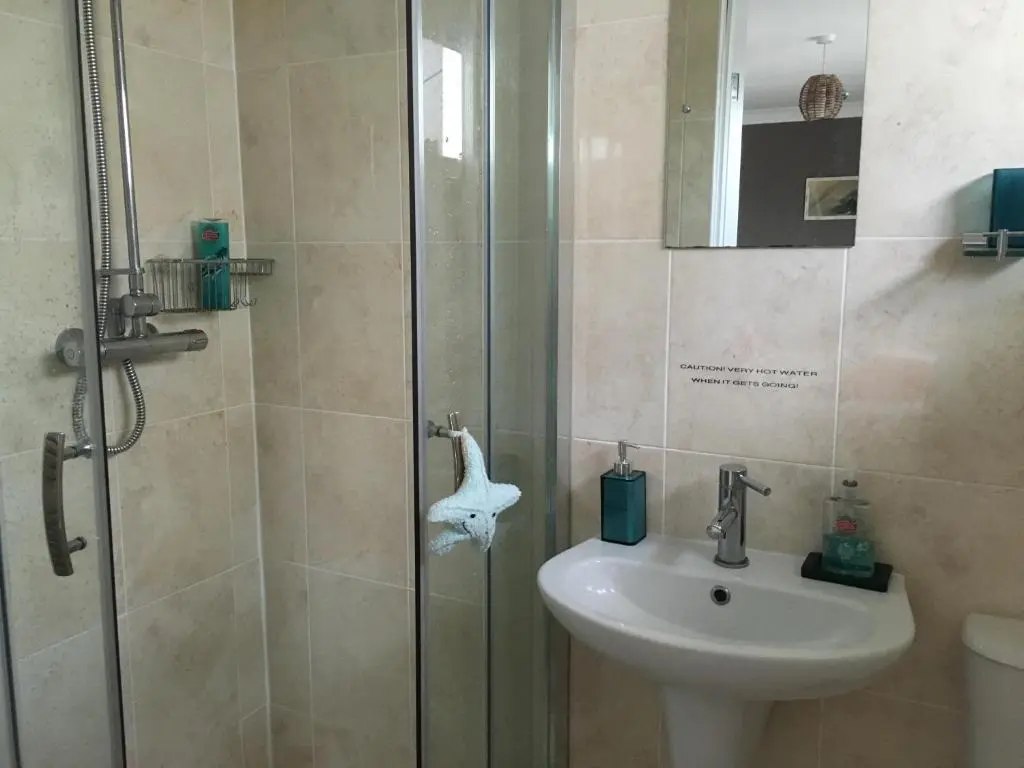 a bathroom with a shower and a sink and a toilet at Unique Garden Centre Country Cottage in Fraserburgh