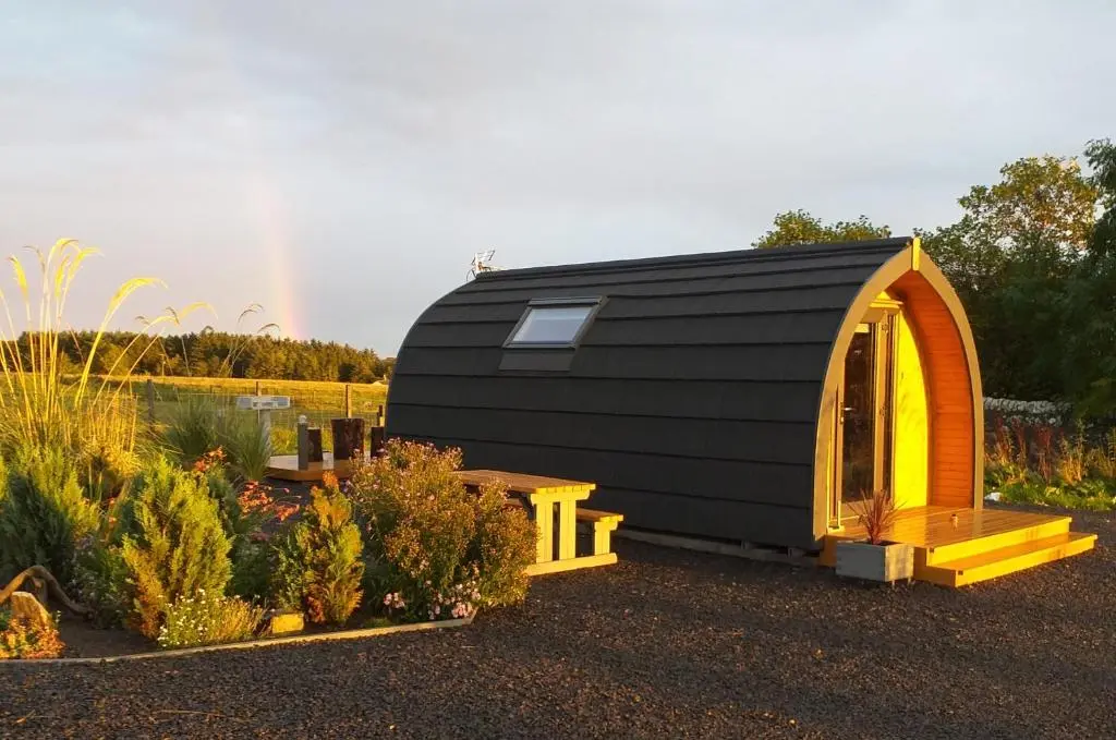 a black and yellow shed in a garden at North Star Glamping in Lybster