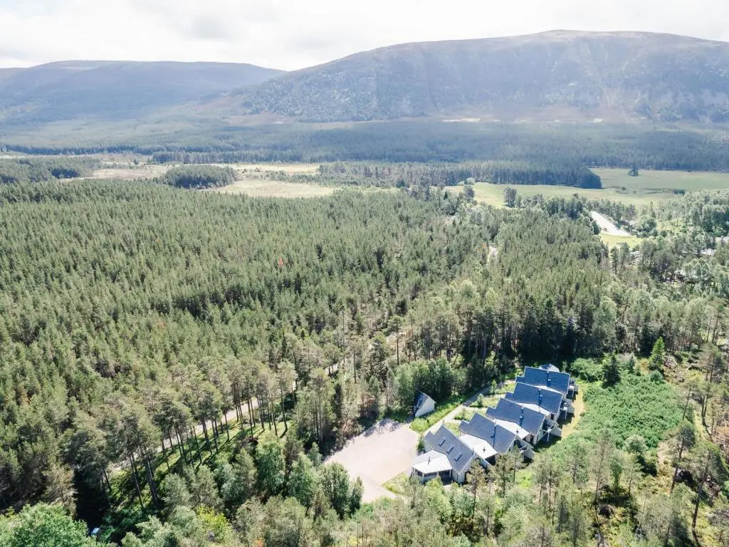 an aerial view of a group of tents in a forest at Golden Eagle Lodge in Kingussie