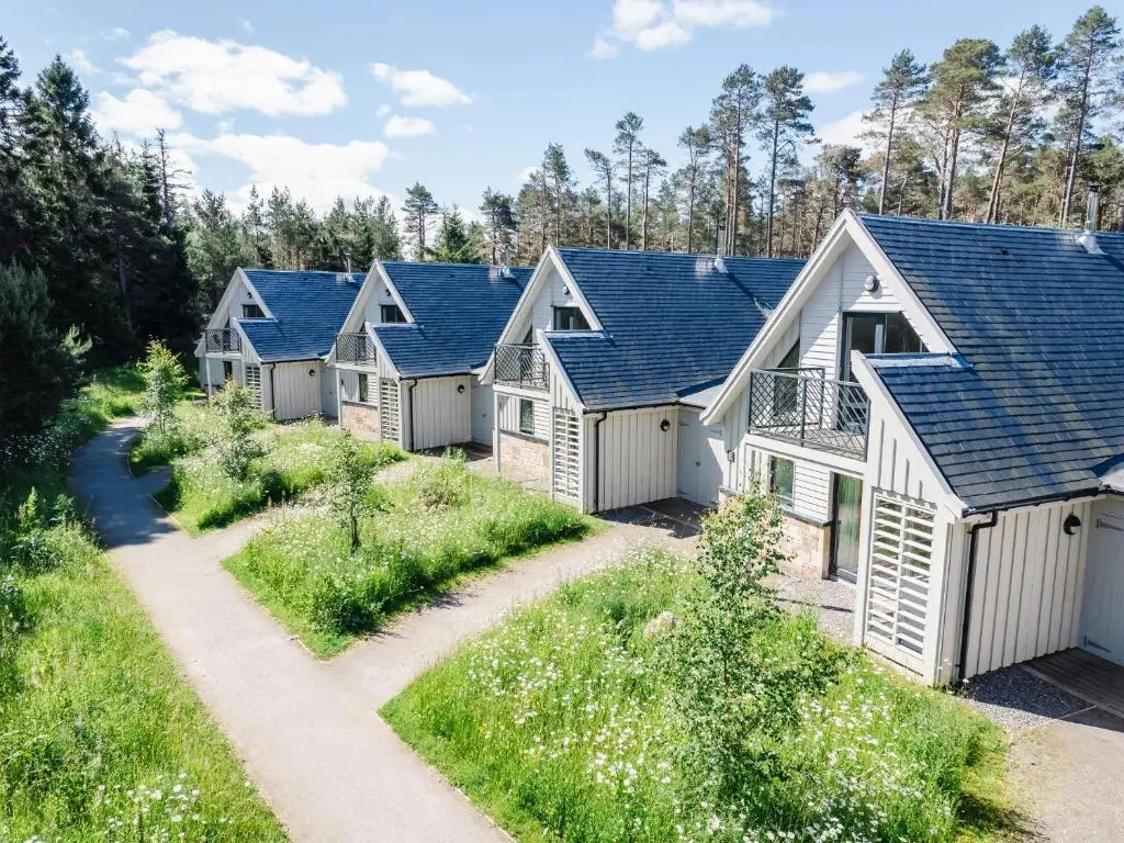 a row of houses with a dirt road at Osprey Apartment in Kingussie