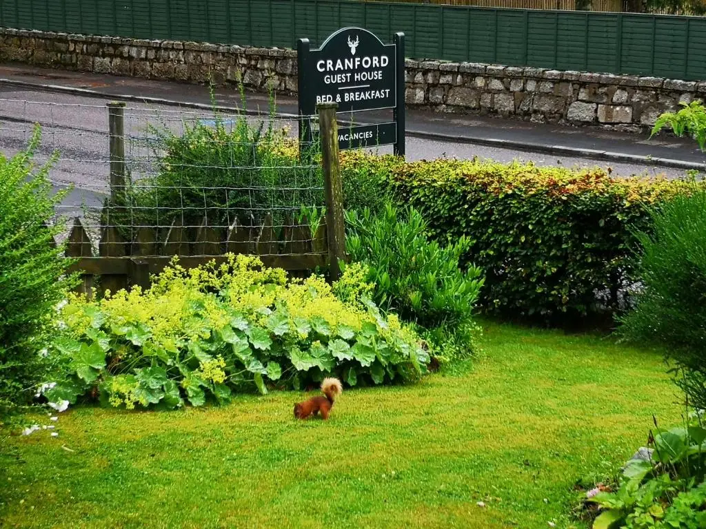 a small dog sitting in the grass next to a sign at Cranford Guest House in Braemar