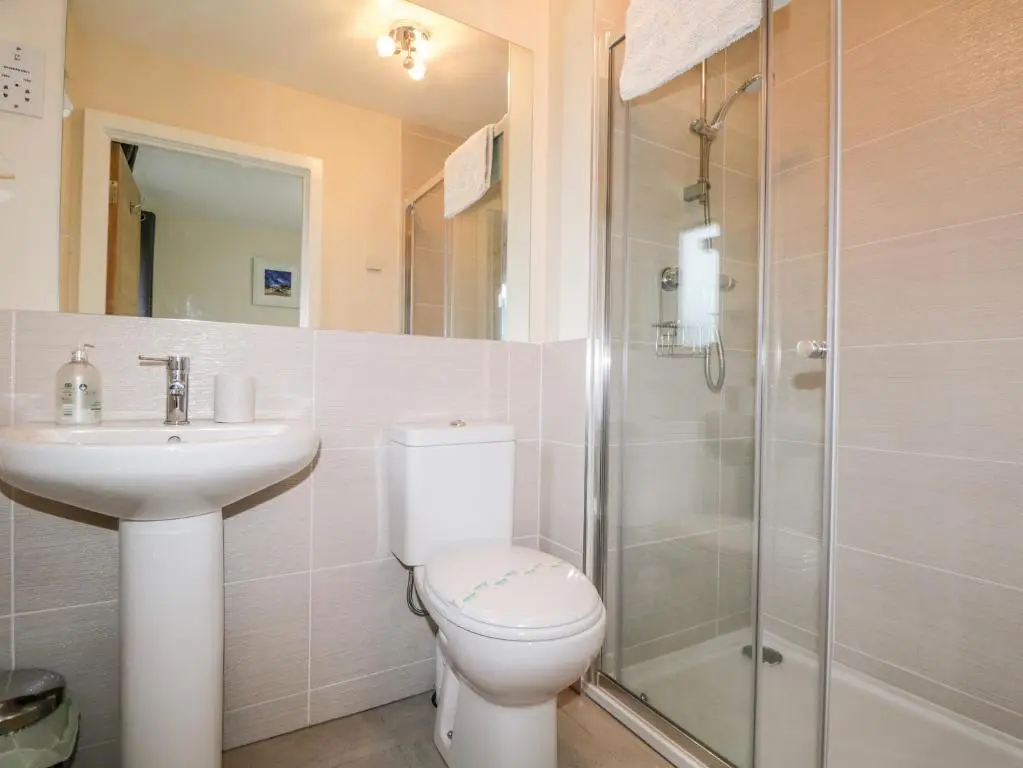 a bathroom with a toilet and a sink and a shower at Skoglendi in Boat of Garten