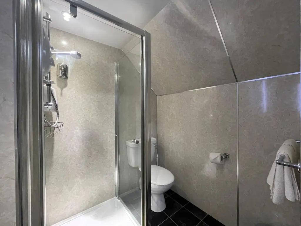 a bathroom with a shower and a toilet at Scandinavian Village Ltd in Aviemore