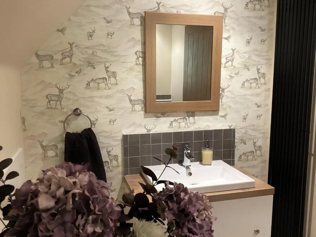 a bathroom with a sink and a mirror at Larchwood Lodge in Ellon