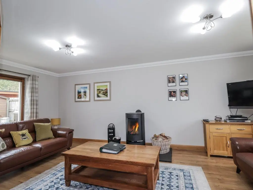 a living room with a couch and a fireplace at Burnside House in Aviemore
