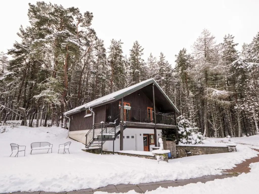 a cabin in the woods in the snow at Torbreck Chalet in Kingussie