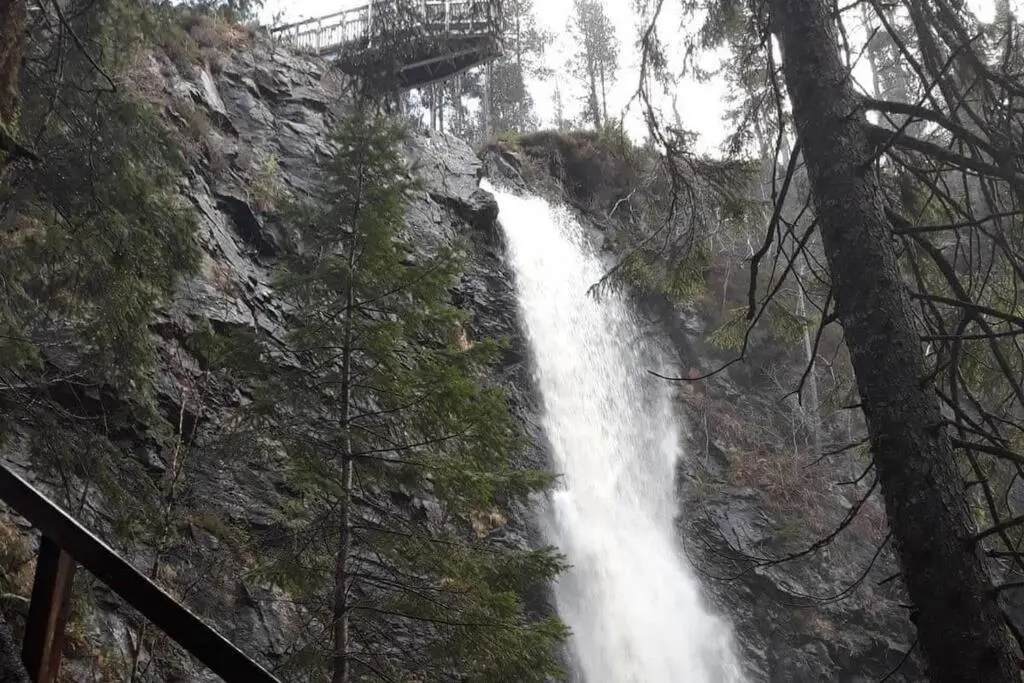 a waterfall on the side of a mountain with trees at Herons Rest in Drumnadrochit