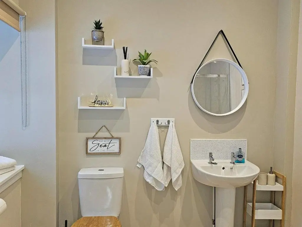 a bathroom with a toilet and a sink and a mirror at Balmore Farmhouse in Lochend