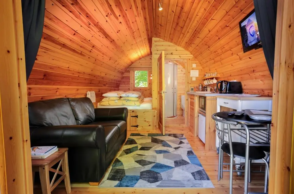 a living room with a leather couch in a log cabin at Wee Wilds in Newtonmore