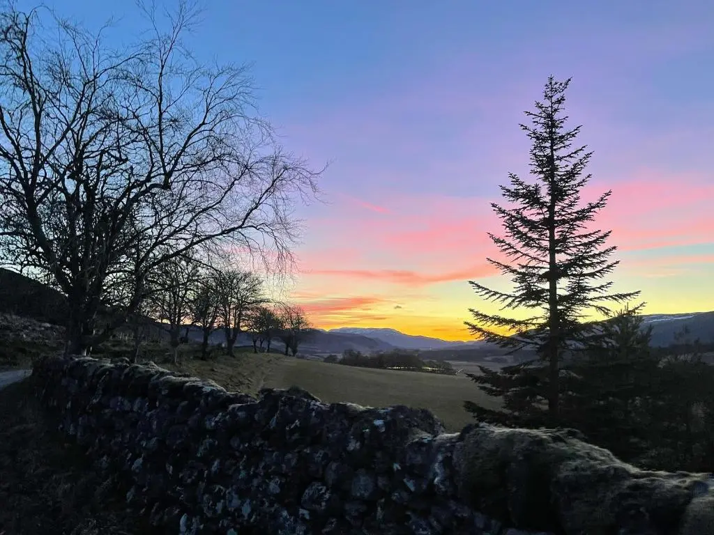 a sunset over a stone wall and a tree at Wee Wilds in Newtonmore