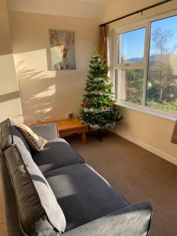 a living room with a christmas tree and a couch at Easter Corrie Cottages in Ballindalloch