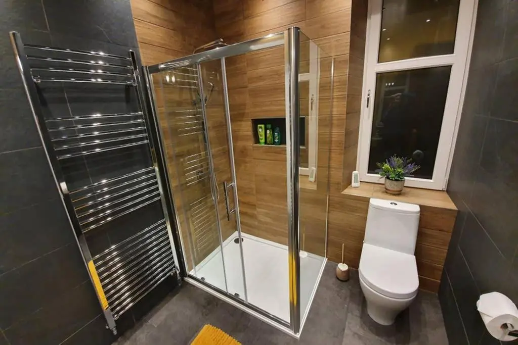 a bathroom with a shower and a toilet and a window at Smart & Stylish Holiday Apartment in the city centre in Inverness