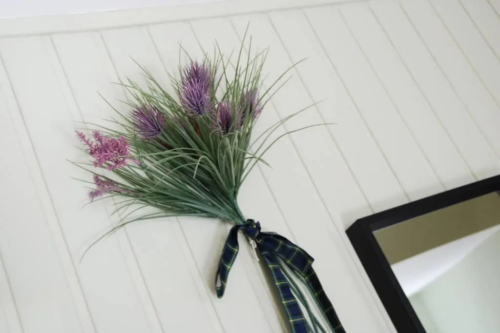a bow tie with a plant on a wall at King Street Apartment in Inverness