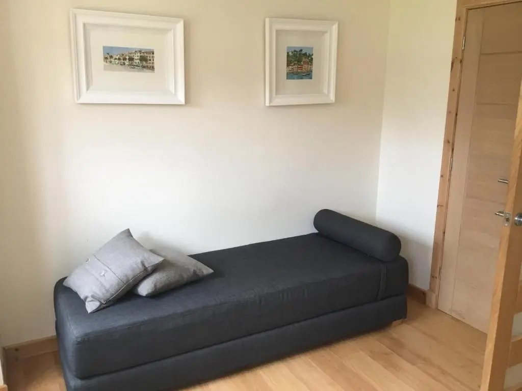 a couch in a living room with two pictures on the wall at Shamerbrea The Foodie B&B in Inverness