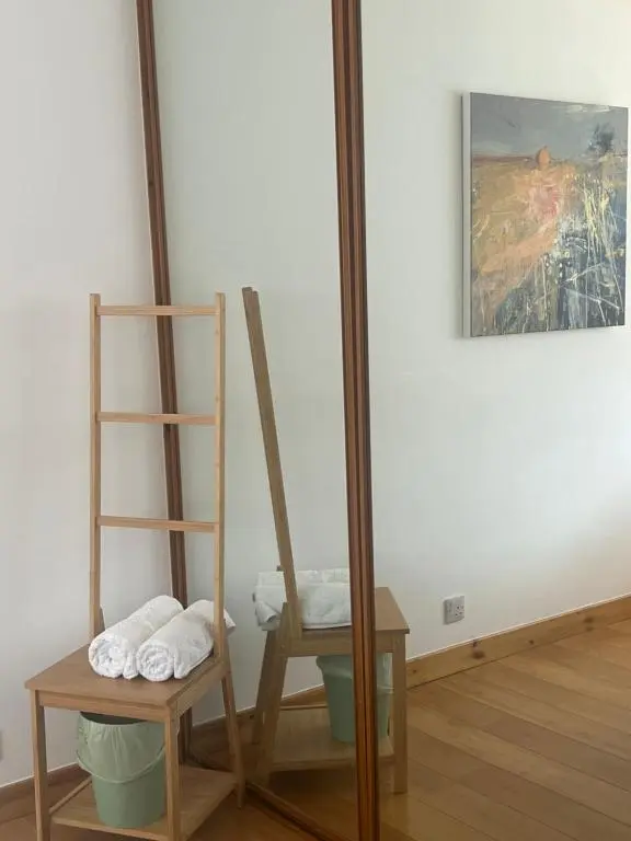 a room with a ladder and a chair next to a mirror at Shamerbrea The Foodie B&B in Inverness