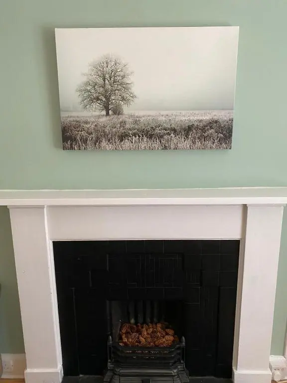 a picture of a tree in a field over a fireplace at No. 20 in Inverness