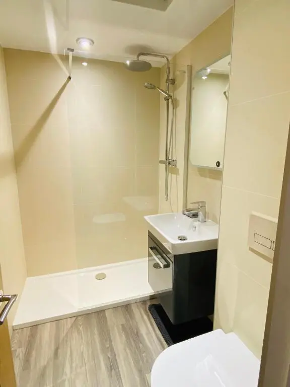 a bathroom with a shower and a toilet and a sink at Castle Grant Apartment in Inverness