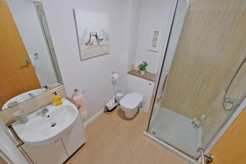 a bathroom with a shower and a sink and a toilet at Caledonia Newhills Apartment in Aberdeen