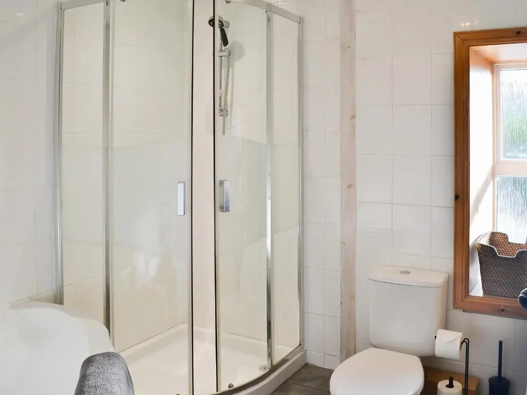 a bathroom with a shower and a toilet at East Lewiston in Drumnadrochit