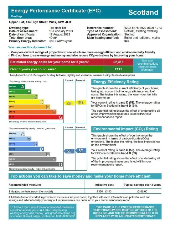 a screenshot of the emergency performance certificate efrov document at Centrally located 1 bed modern flat with harbour views in Wick